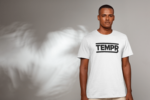 Man wearing a white t-shirt with 'TEMPR' logo against a gray background